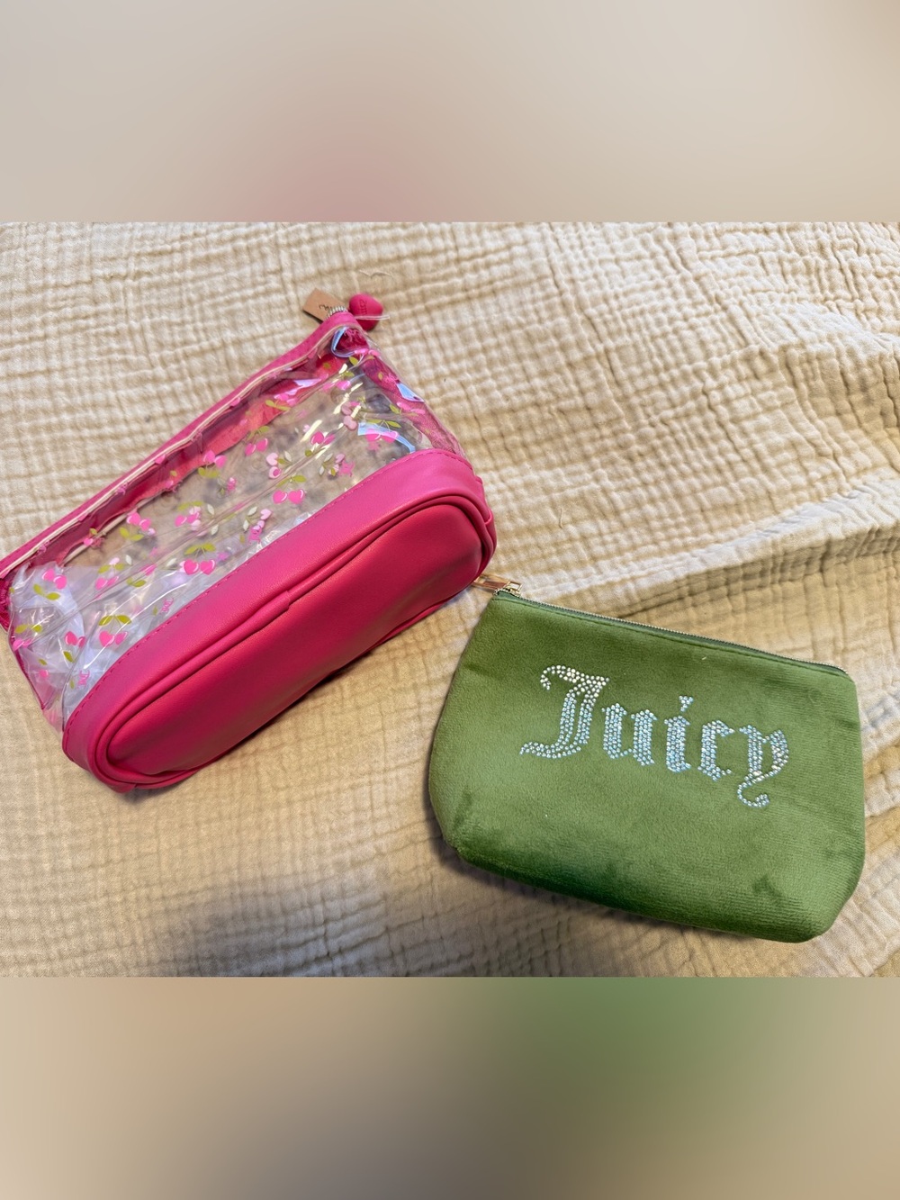 New Juicy Couture Pink Clear Cosmetic Case & Green Rhinestone Pouch set